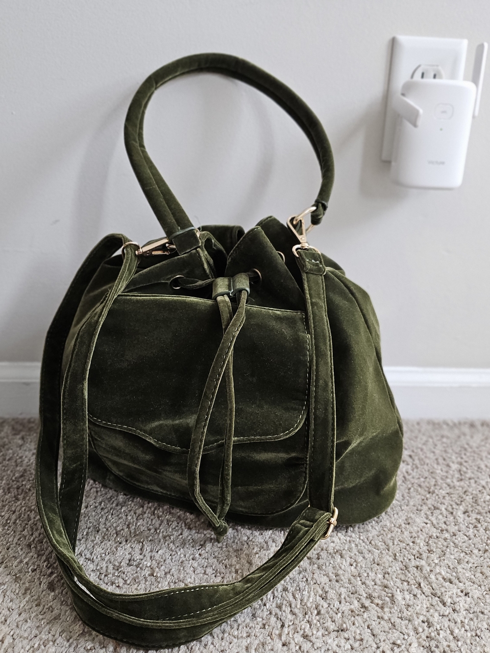 Olive Green Velvet Drawstring Shoulder Bag with Gold Hardware - Picture 3 of 9